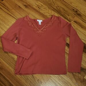 Women's Embroidered V-Neck Top - Orange/Rust Size: M